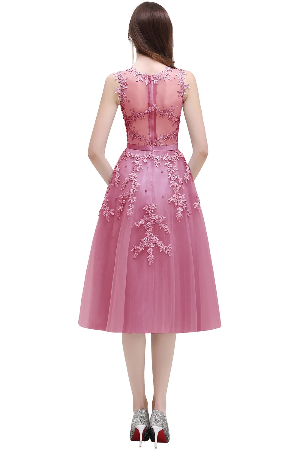 FATAPAESE Dust Pink Cocktail Knee-Length Lace Appliques Top Flower and Pearls Short Prom Dress Party Dresses Sexy Tulle Gown