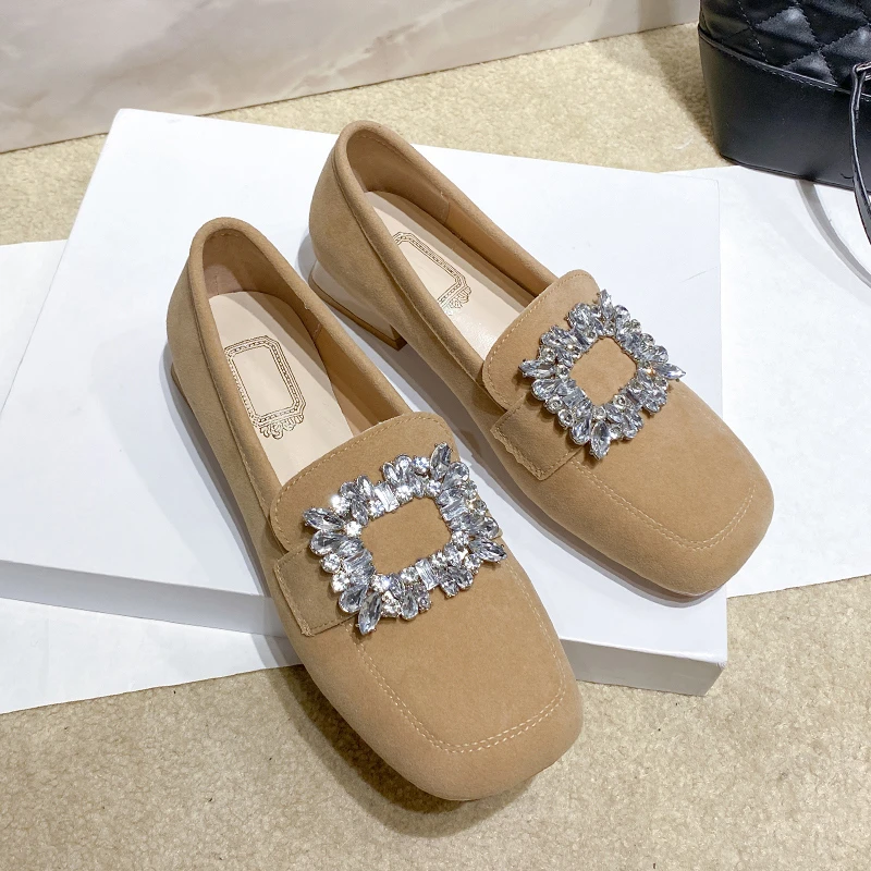 New Satin Cloth Flats Shoes Woman Basic Sequined Rhinestones Crystal Diamond Buckle Flats Fashion Bridal Shoe Work Women Shoes