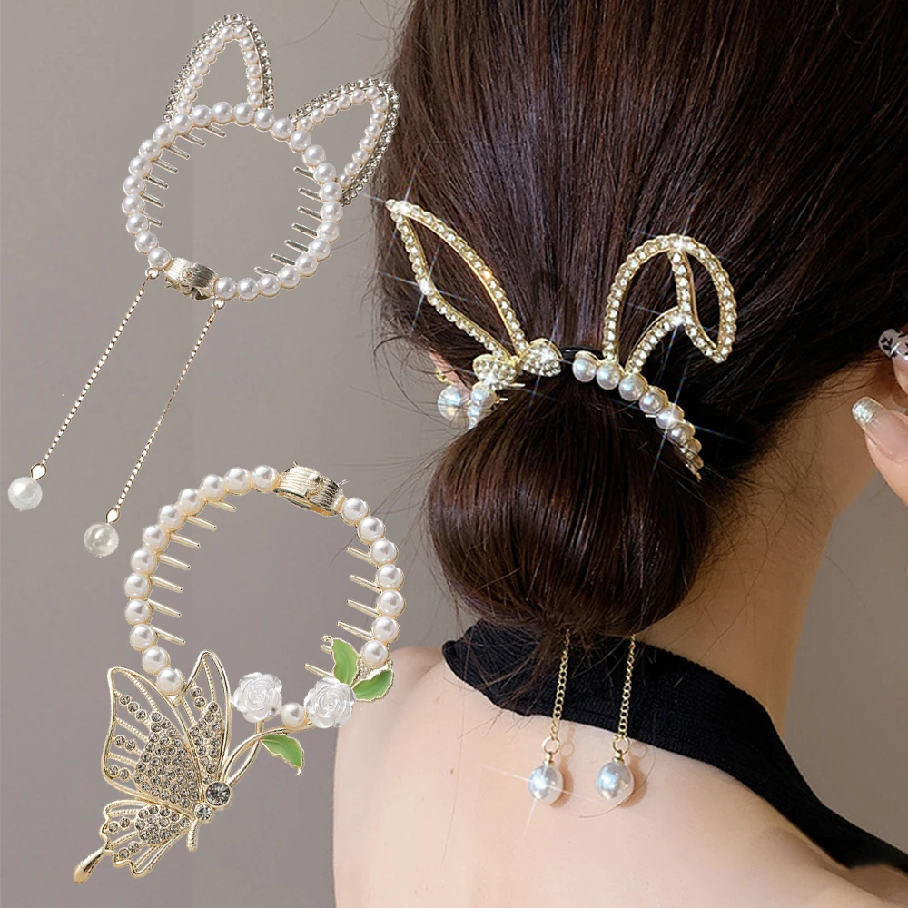 Tassel Rhinestone Cat Ears Hair Claw Clips Flower Horsetail Buckle Bun Ponytail Holder Hair Clip Women Female Hair Accessories fashion clip in hair bun for women hair updo hairpiece with rhinestone wig claw chignon pony tail dancer office headwear