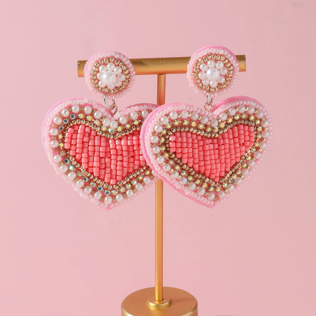 Elegant Handmade Pink Heart Drop Earrings Lovely Seed Beads Dangle Earrings for Women Girls Valentine's Day Jewelry Accessories