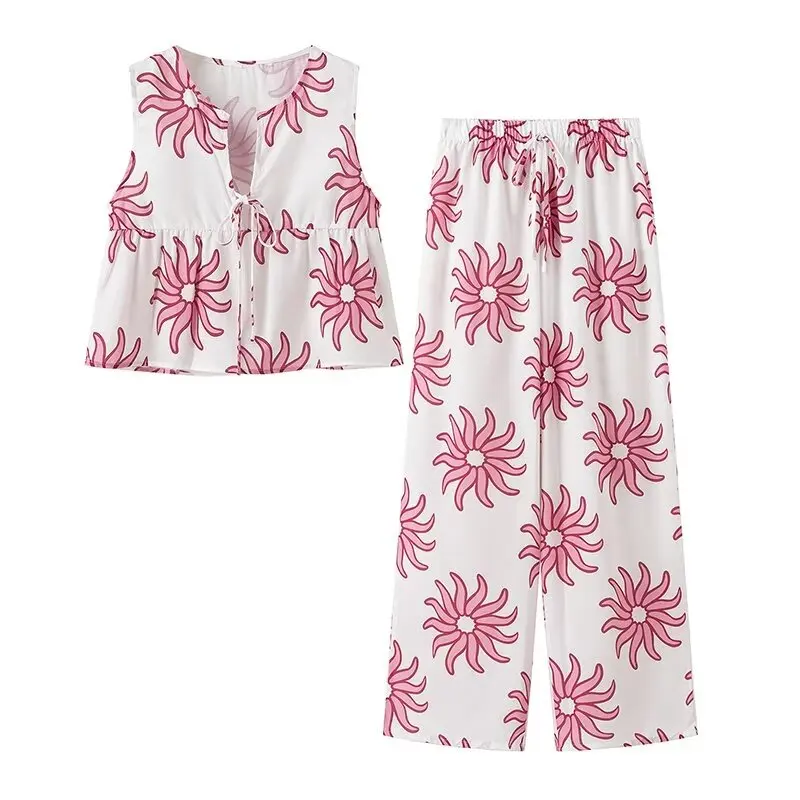 thumbnail image 1 of HH TRAF Conjunto de pantalón de 2 piezas con estampado de moda para mujer, top con cuello en V sin mangas con cordones y pantalones anchos con cintura elástica elegantes e informales, 1 of 4