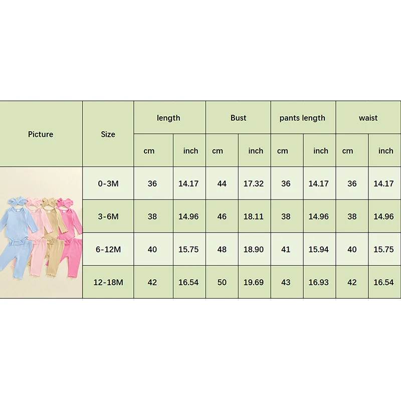Girls Clothing Set 0-18M Newborn Baby 3pcs Solid Color Ribbed Long Sleeve Romper + Pants + Headband