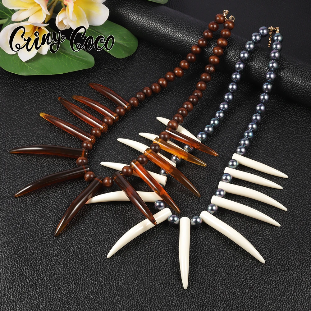 Hawaiian Jewelry Necklace Wood Pearl Resin Pendants Shark Teeth