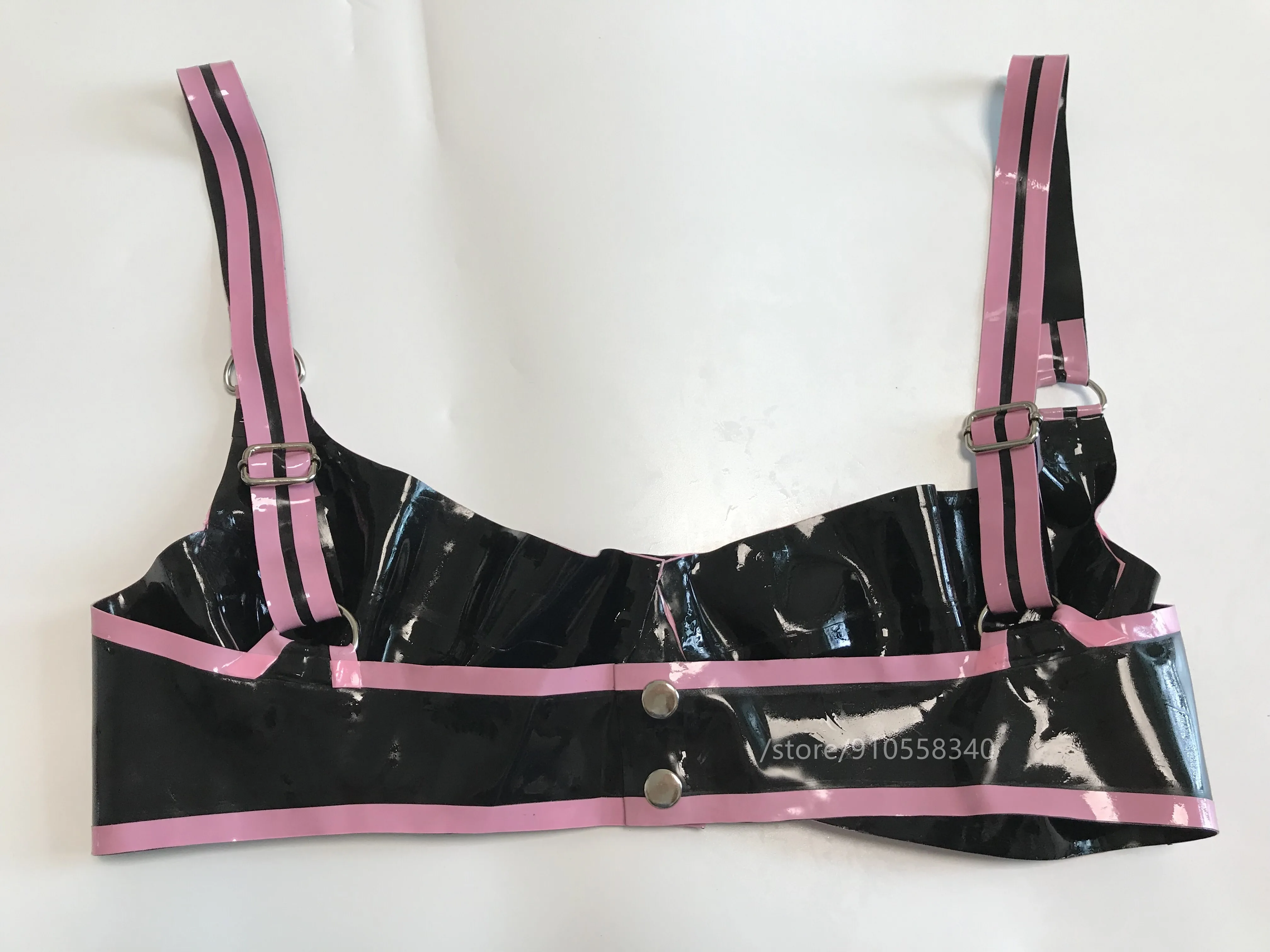 Sexy Lingerie Black Women Latex Bra Fetish Rubber Underwear with Pink Trim Made
