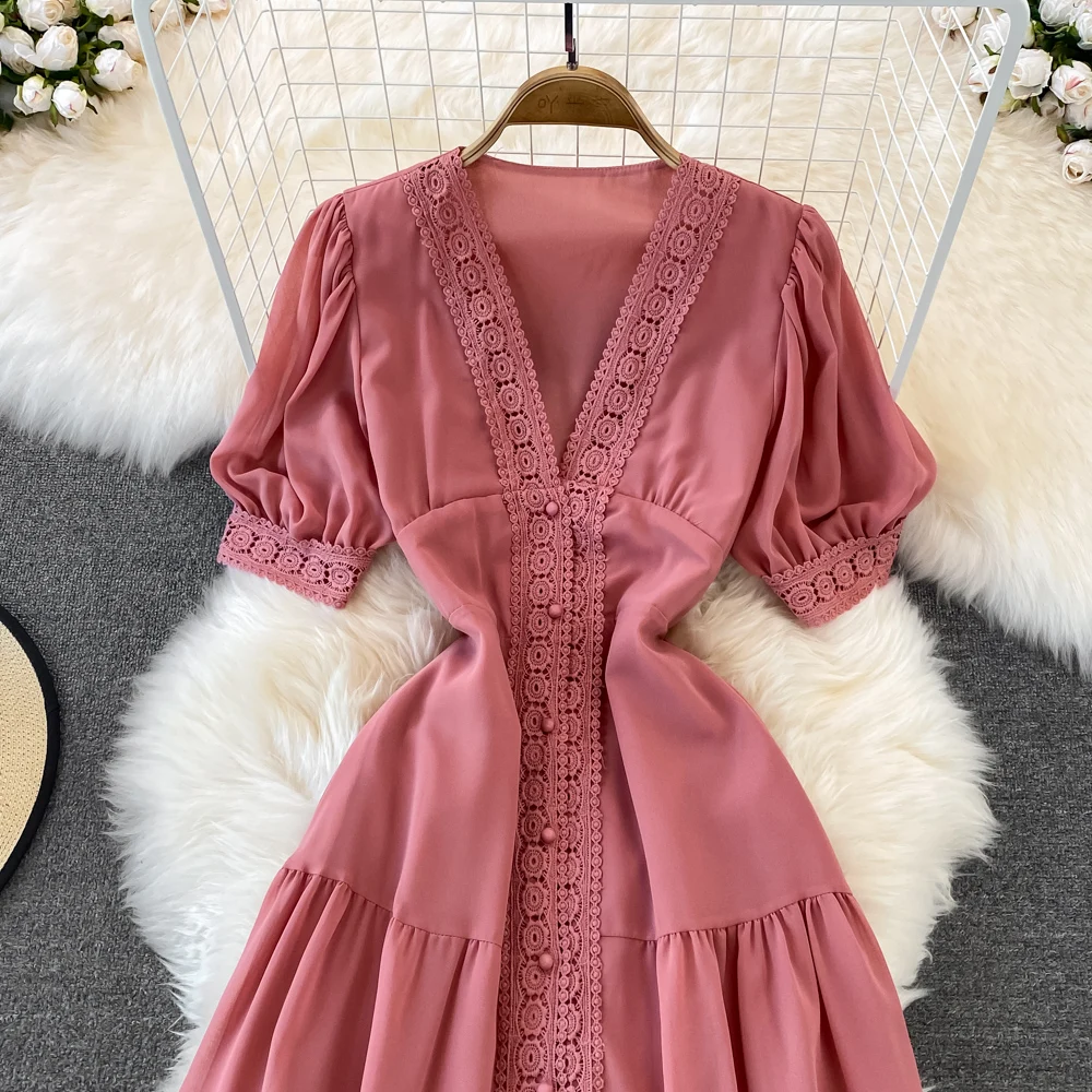 New Women Vintage Party Dress Summer Puff Sleeve Sexy V Neck Lace Single-breasted Long Dresses Ladies A Line Elegant Long Robe