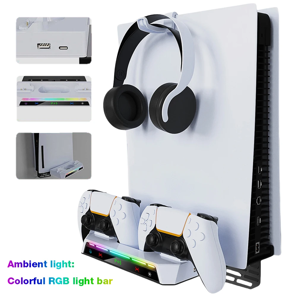 Shelf Floating Mount with Dual Controller Charger RGB Light Wall Bracket W/ Headset Holder for Playstation 5 Slim Disc & Digital