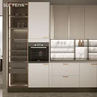 ชุดตู้ครัวทันสมัย SOFEYIA ผลิตจากโรงงานที่ฝอซาน เฟอร์นิเจอร์แบบครบวงจร รูปทรงตัวยู ไม่มีมือจับ วัสดุ PVC กระจก ก๊อกน้ำ บานพับ ลิ้นชัก ตะกร้า 3