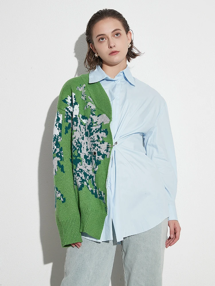 Twotwinstyle المرأة المرقعة عارضة فضفاض قميص طويل...