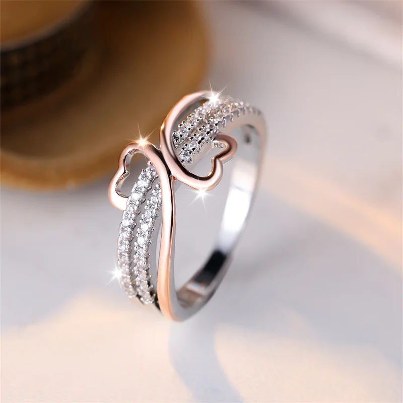 Anello Bicolore Amore Infinito In Argento Sterling 925 Con Cuori Intrecciati E Zirconi - Gioiello Donna Regolabile