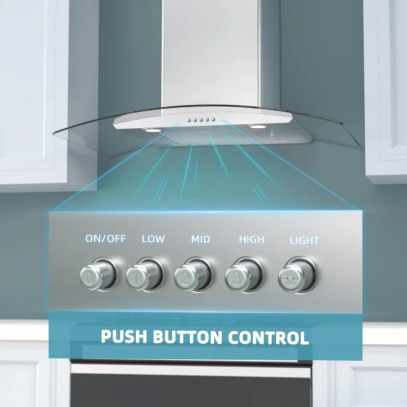 30" Range Hood Ducted/Ductless Convertible Wall Mount Range Hood with Tempered Glass Push Button Control Stainless Steel Filter 4