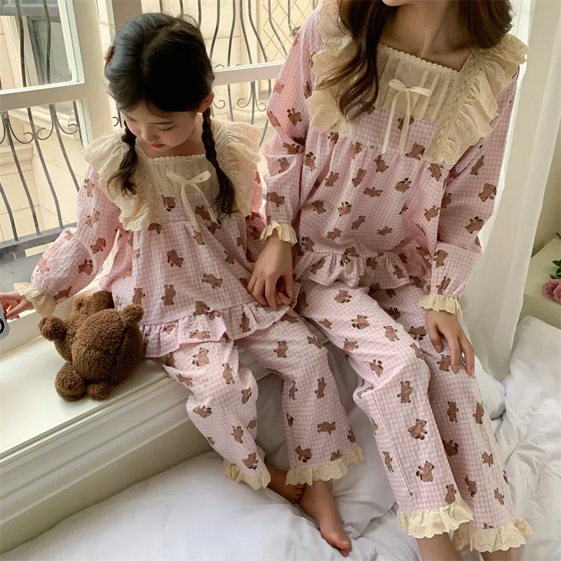 

Mom And Daughter Bear Pajamas Sets Women Baby Girl Coming Home Outfit Spring Mommy And Me Tops Pants Sleepwear Clothes Nightwear