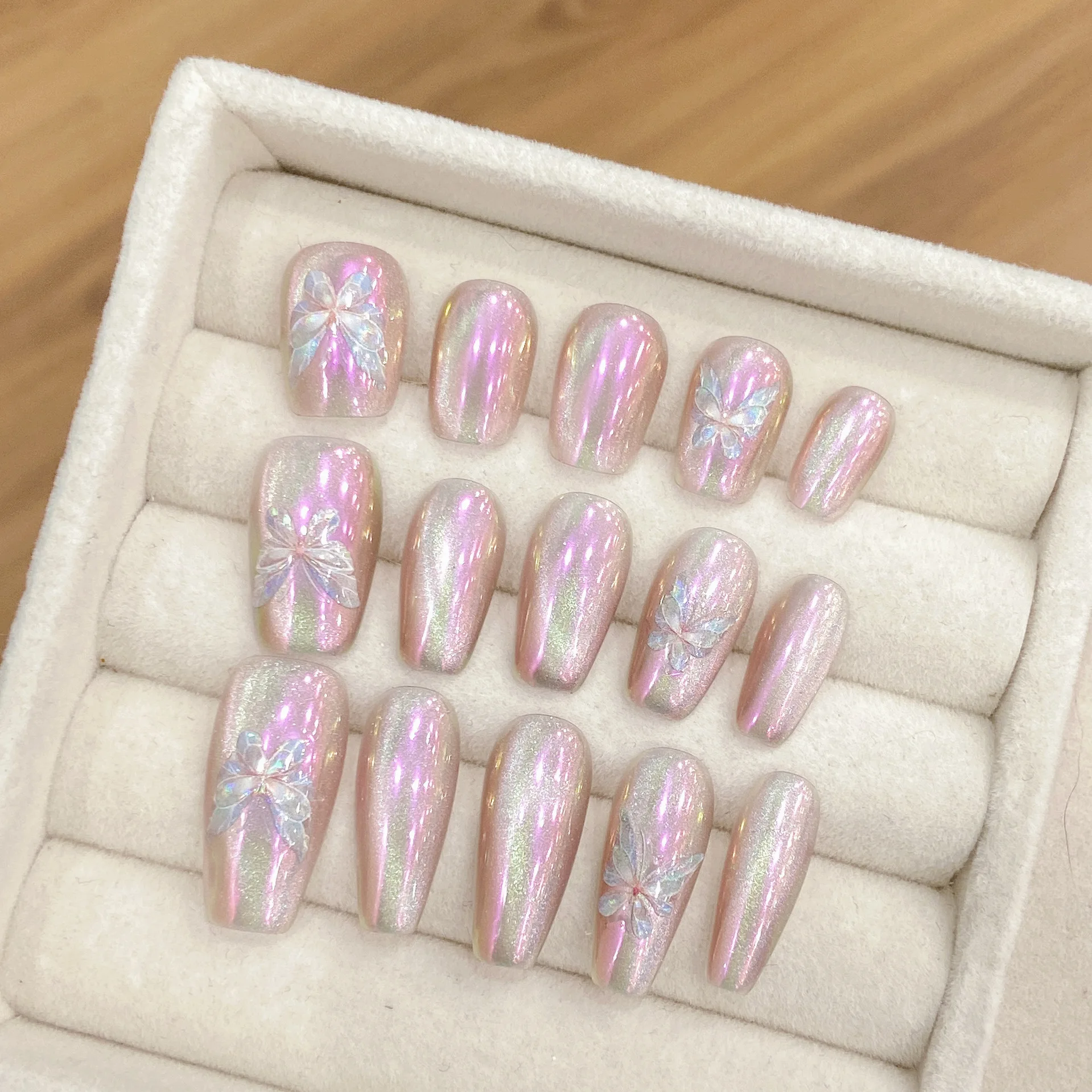 Handmade Press on Nails Purple Aurora Butterfly Mirror Fake Nail Tips Women Girl Wearable Short/Mid-length Coffin False Nails