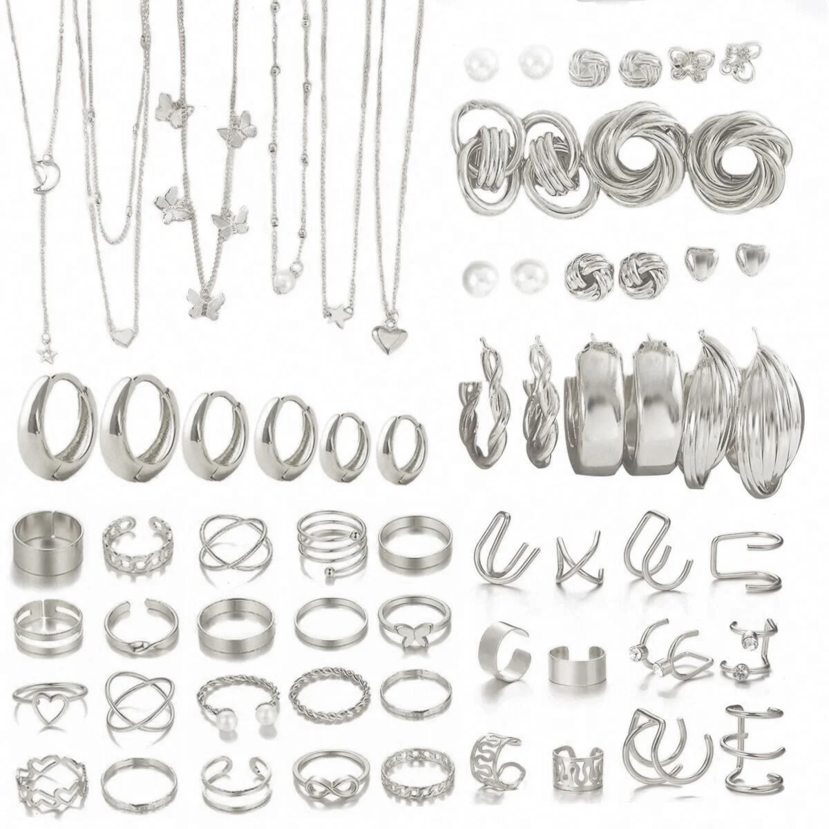 Simple Metal Geometric Butterfly Love Star Earrings Necklace Ring Fashion Jewelry Sets for Women Daily Wear Party Vacation Gifts