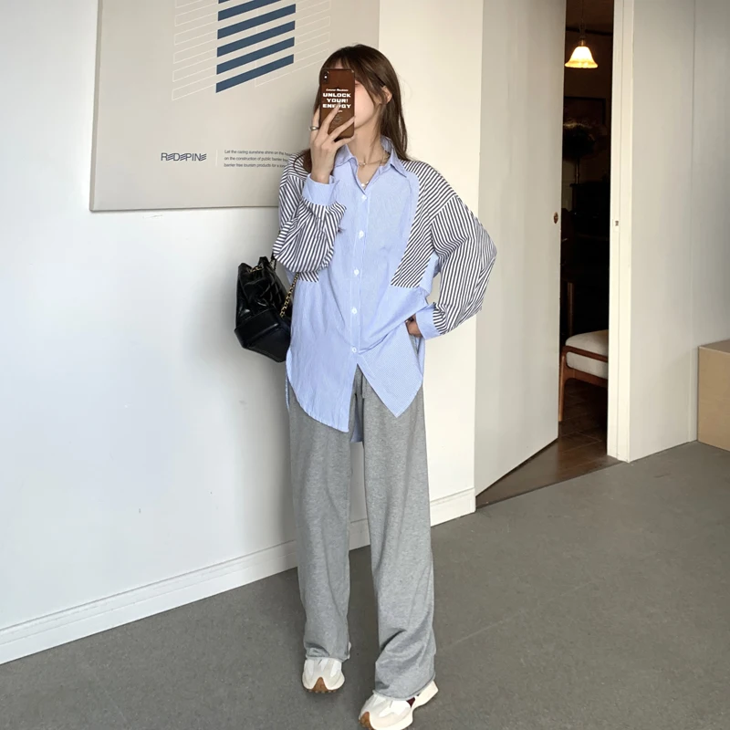 Striped Stitching Blue Shirt Women's Long-sleeved Top Spring New Design Loose Casual Mid Length Thin Cardigan Coat Female Blouse