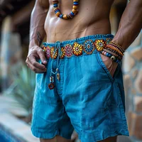 Men's Short Pants Vintage Ethnic Casual Linen Shorts Fashion Flowers Printing Drawstring Male Shorts Daily Outdoor Sports Pants 1