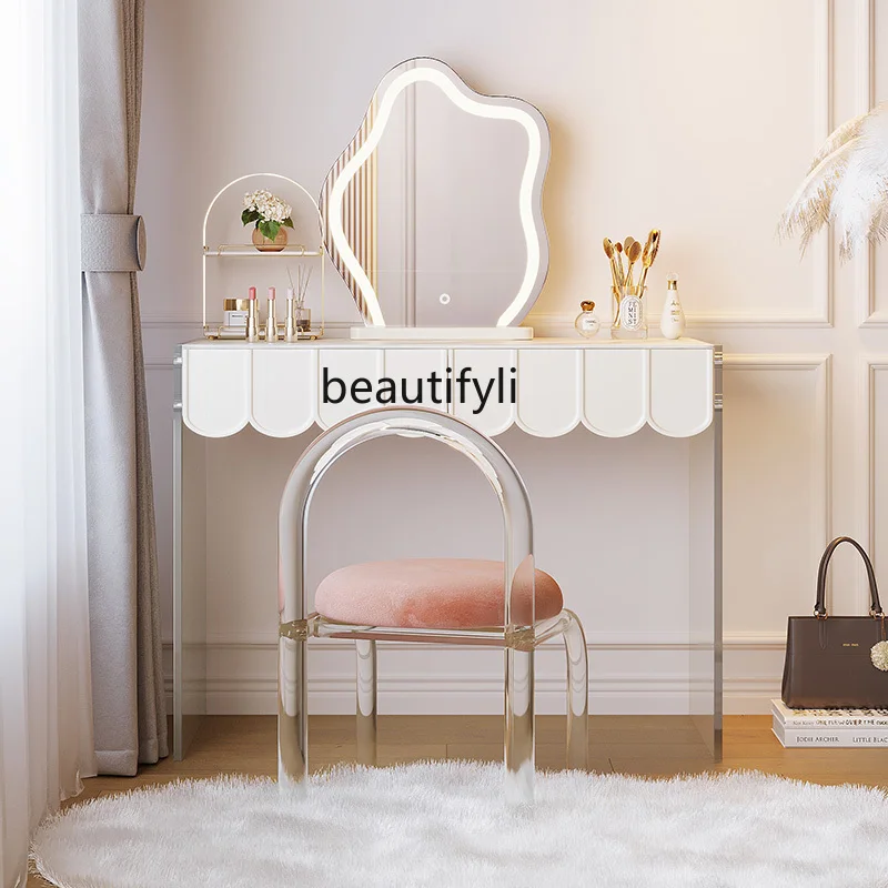 

LBX Acrylic French Dressing Table Modern Cream Stone Plate Retractable Hanging Makeup Table Storage Cabinet Integrated