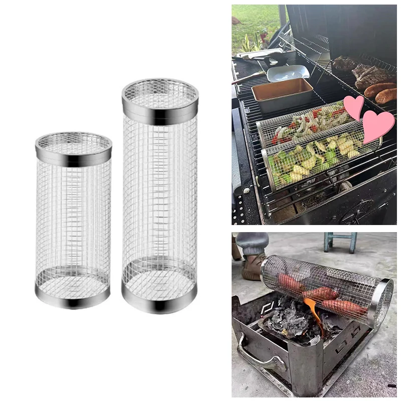 

BBQ Basket Stainless Steel Rolling Grilling Basket Wire Mesh Cylinder Grill Basket Portable Round Outdoor Camping Barbecue Rack