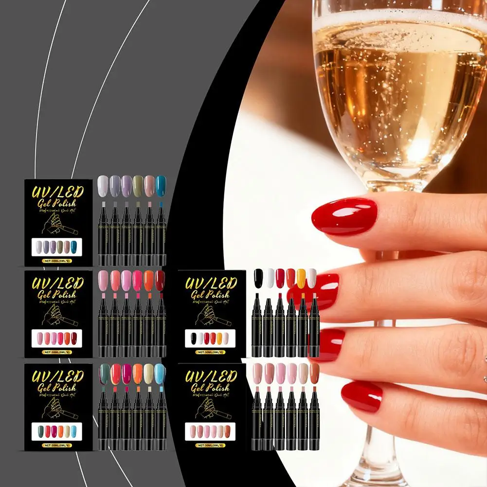 6PCS 멀티 컬러 3-in-1 젤 네일 펜 5ml 빠른 건조 비-UV DIY 네일 아트 디자인 매니큐어 페인팅 브러쉬 도구 세트
