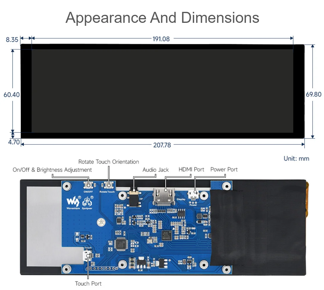 Lcd display screen Touch screen digitizer glass 7.9inch capacitive touch screen LCD 400&times;1280 HDMI display interface, IPS panel, toughened glass cover for Raspberry Pi