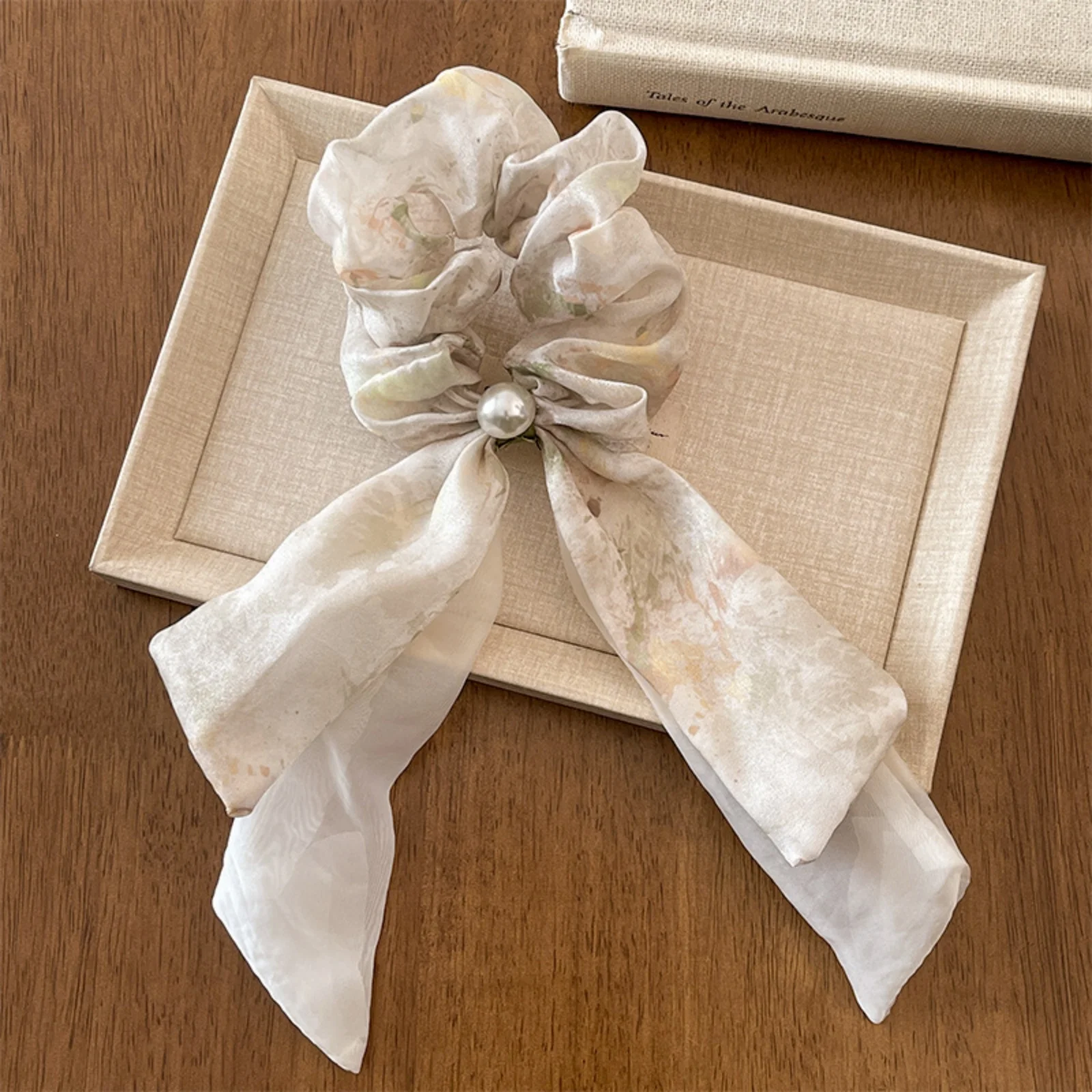 1PC Chiffon Scrunchies with Bow & Pearl: Watercolor Print Hair Ties for Women, Elegant Hair Accessories for Daily & Party Looks