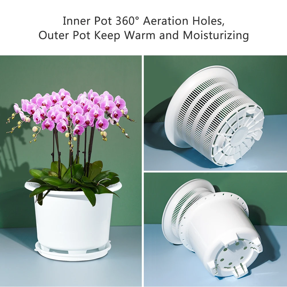 Meshpot Set di 3 vasi per orchidee con fori, 12 cm, doppio strato, in plastica, imitazione ceramica, per una buona circolazione dell'aria, contenitore decorativo per orchidee trasparente