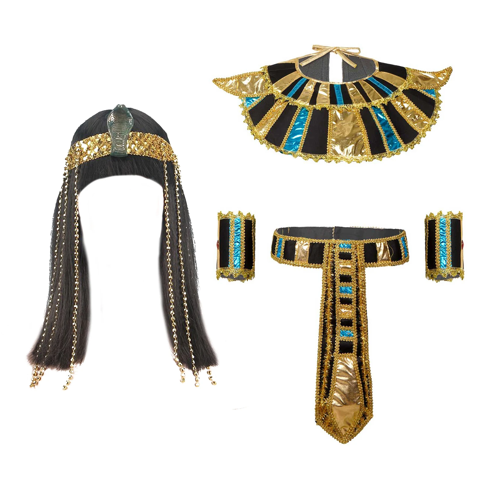 Cleopatra Egyptian Queen Wig and Beads Fringe Snake Headband Straight Hair Wig Egypt Neck Collar Halloween Cosplay Accessories