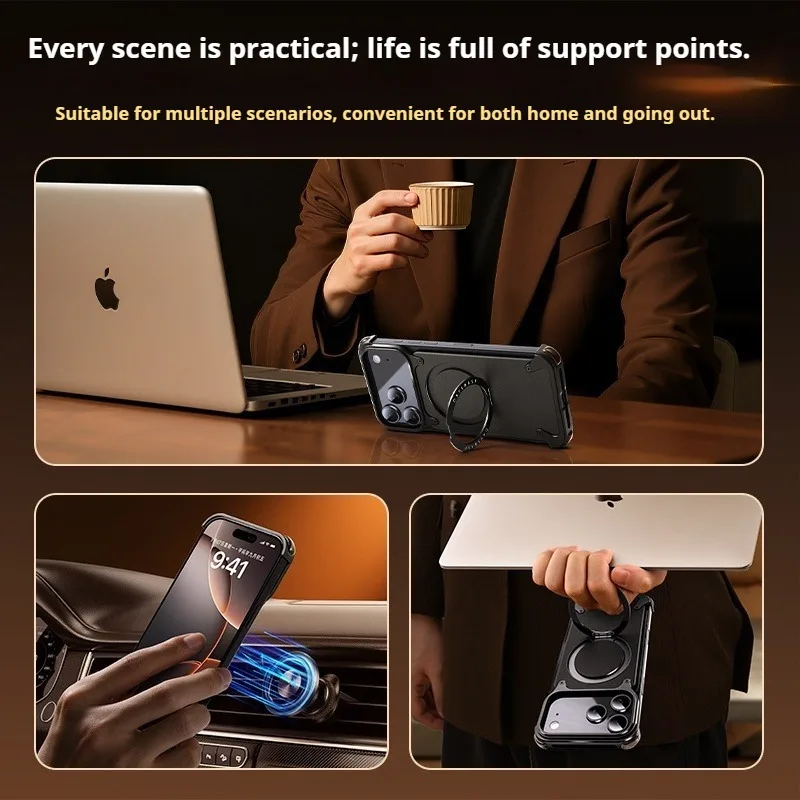 Eary for iPhone 17 Pro Max Air Phone Case Genuine Leather Magsafe Frameless Shell With 360°Rotate Magnetic Stand Anti-Drop Cover