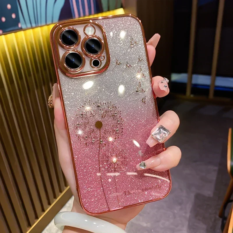 thumbnail image 1 of Funda con diseño de diente de león con purpurina y degradado chapado para iPhone 15, 12, 11, 13, 14, 16 Pro Max, Mini, X, Xs, Xr, 7, 8 Plus, SE2, funda suave con diamantes brillantes, 1 of 5