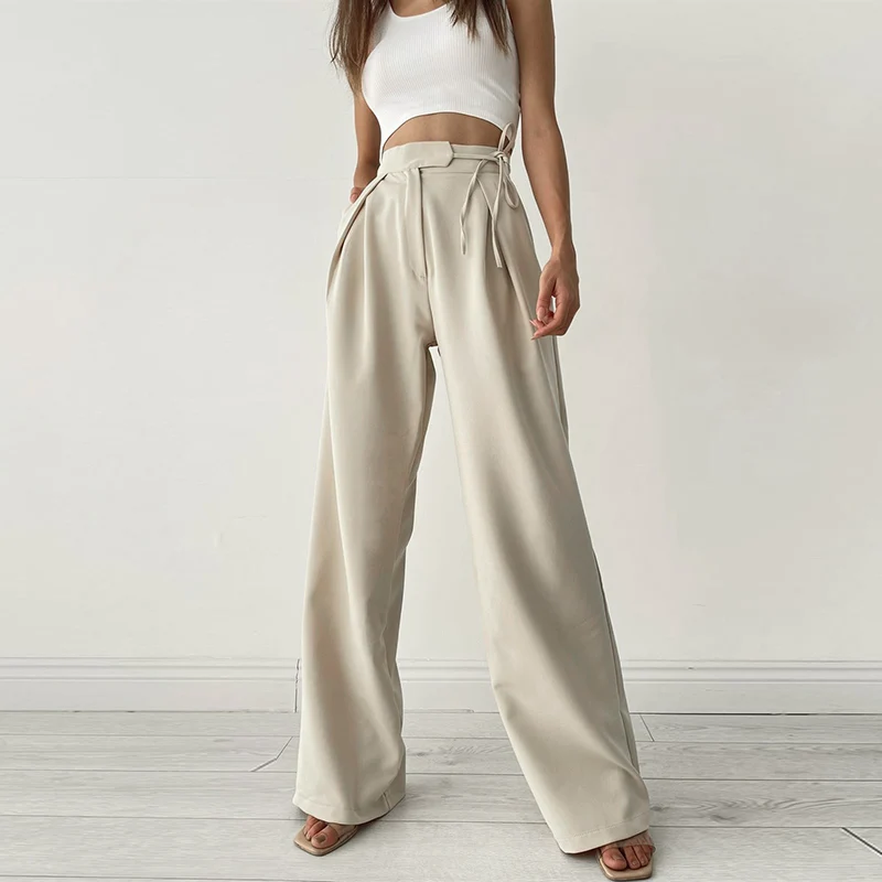 

Women's Trousers 2023 New Lace-Up High Waist Hanging Feeling Solid Color Wide Leg Trousers Free Shipping