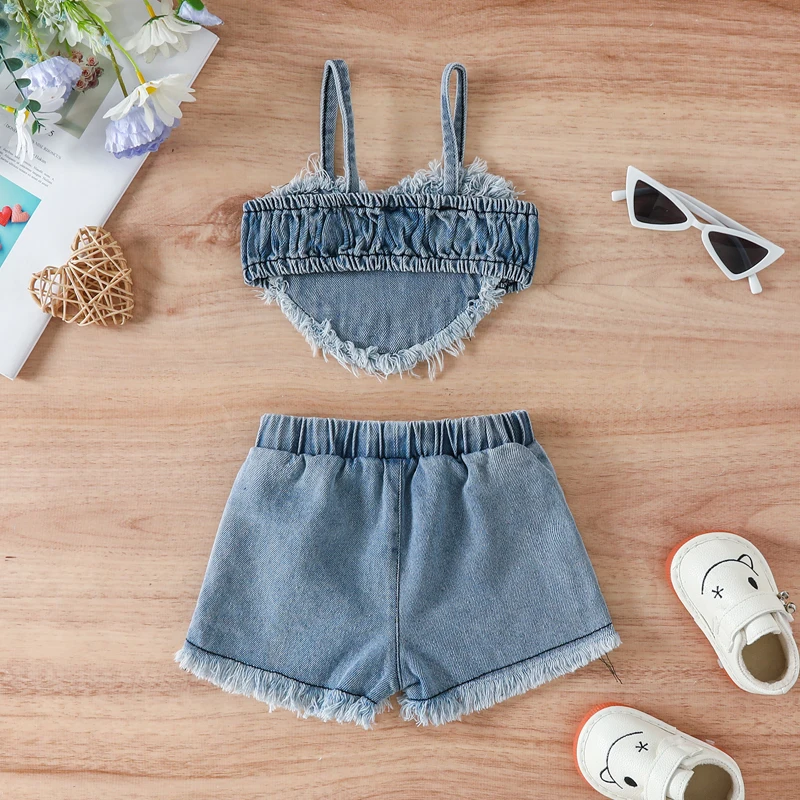 

Baby Girls 2-Piece Outfit Sleeveless Heart Camisole and Elastic Ripped Denim Shorts Summer Clothing