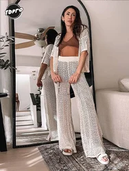 Fashion Solid Hollow Out Pants 2 Piece Sets For Women Causal Lapel Half Sleeved Cardigan And Wide Legs Pant Suits Lady Beachwear