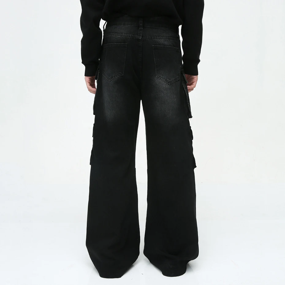 Men Vintage Baggy Jeans Multi Pocket Cargo Denim Pants Black Loose Wide Leg Jeans Trouser 6