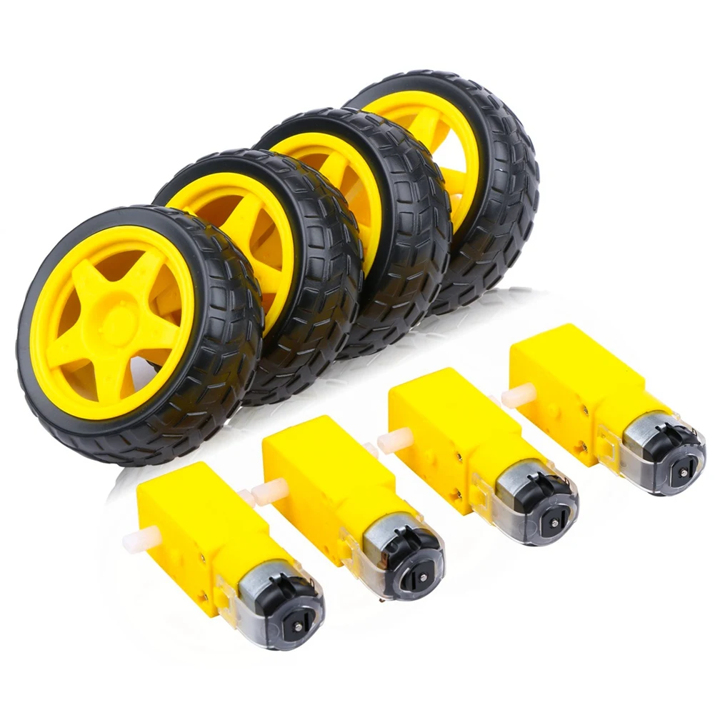 

4PCS DC Electric Motor + Plastic TT Motor Tire Wheel Dual Shaft Gear Motor TT Gearbox Engine for Arduino Smart Car