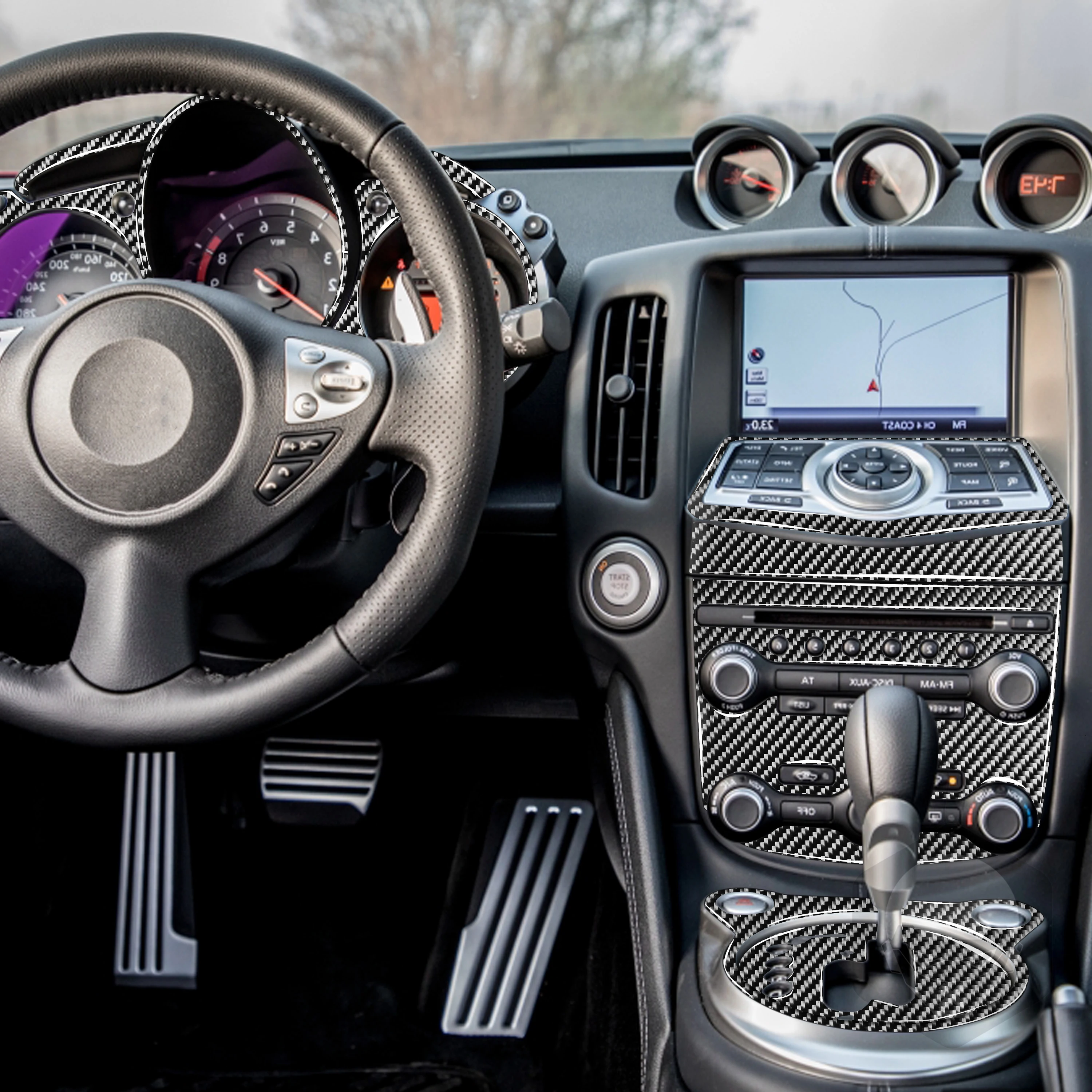 For NISSAN 370Z Z34 2009+ Speedometer Gear Shift Knob Cup Holder Navigation Air Conditioning Panel Real Carbon Fiber Sticker