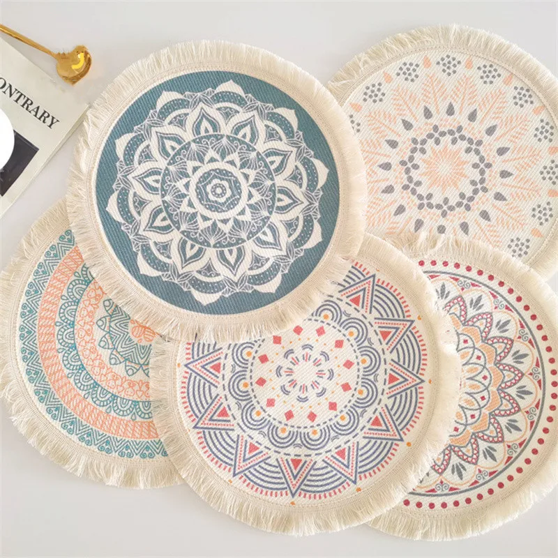 

13" Bohemian Ethnic Style Circular Meal Mats Fabric Woven Cotton Thread Kitchen Dining Table Mat Decorations Accessories
