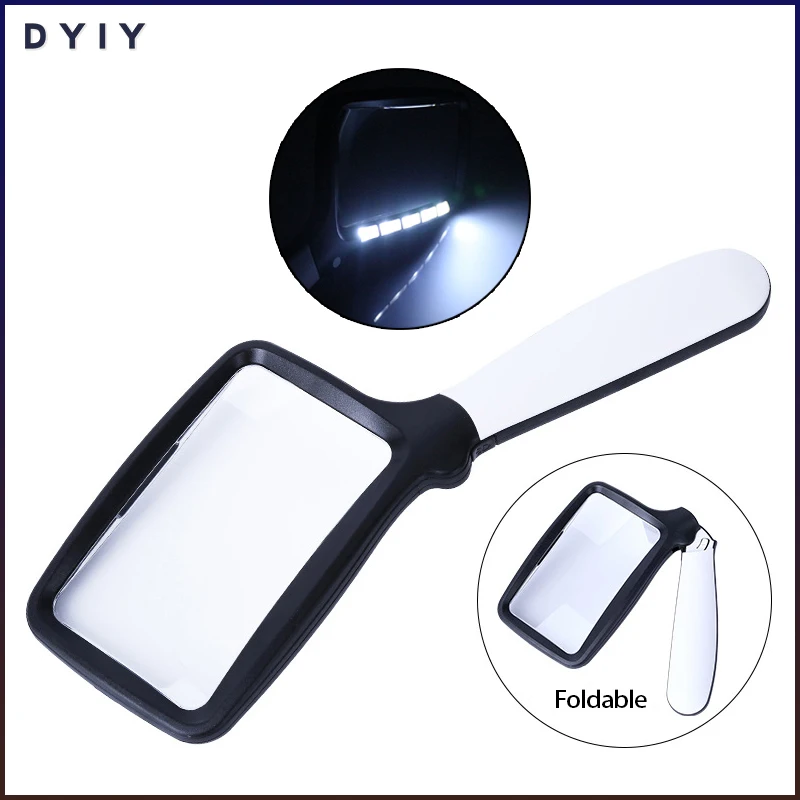 

2X Square Handle Magnifying Glass with LED Lights Illuminated Magnifier Foldable Reading Magnifier Old Man Seniors Jewelry Loupe