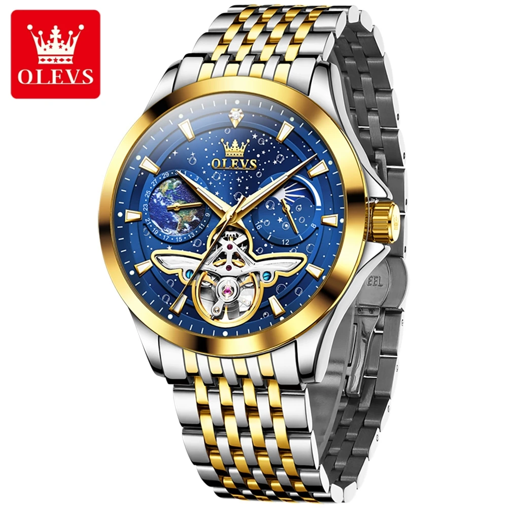 OLEVS Hollow Out Flywheel Automatic Mechanical Watches for Men Stainless Steel Waterproof Calendar Moon Phase Starry Man Watch