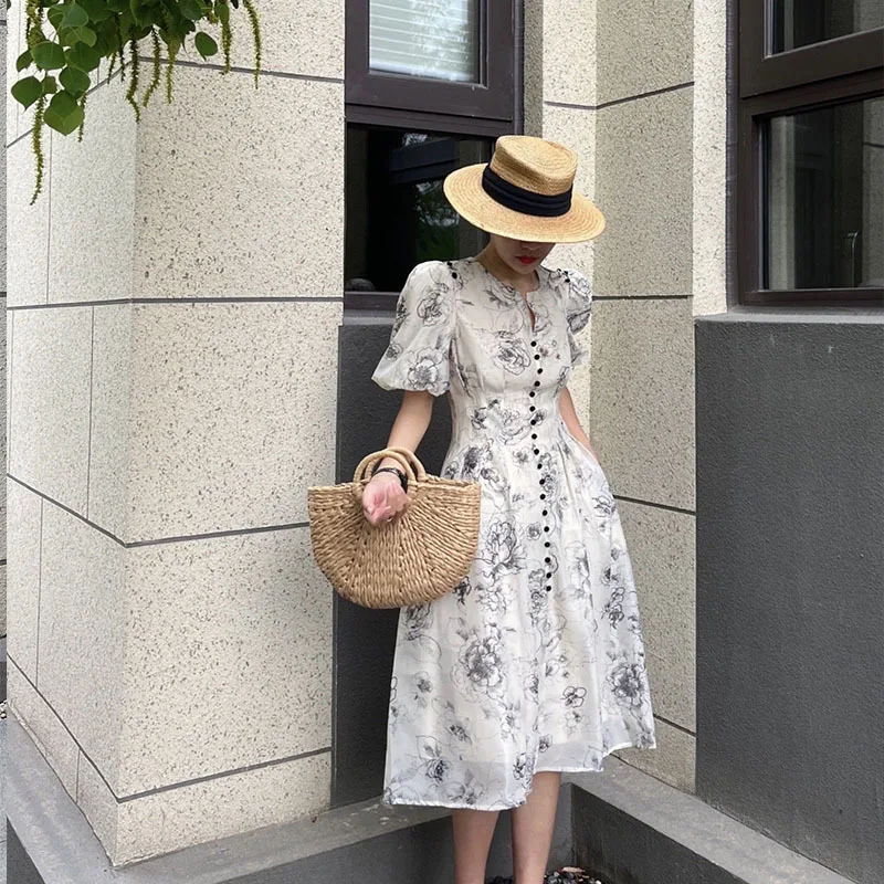New in dress french vintage luxury embroidery ink painting dress Fashion  Elegant print long 2023 floral dresses for women summer