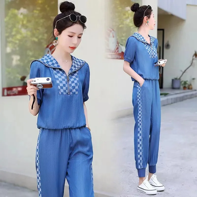 Tiansi Leggings Denim Set For Women's 2023 New Summer Casual Commuter Pants, Fashionable And Slim Checkered Two-piece Set