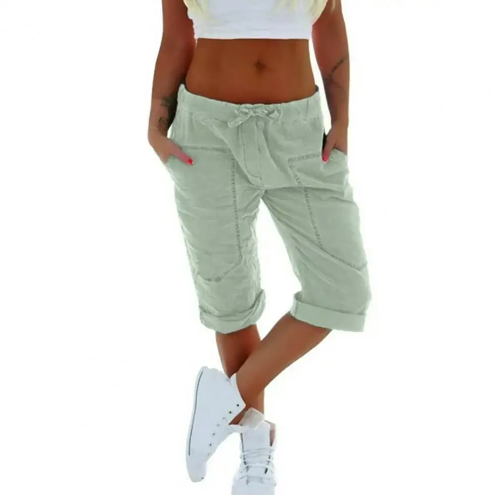 

Women Cropped Pants Drawstring Elastic Waist Solid Color Pockets Mid-calf Length Casual Lady Daily Summer Trousers