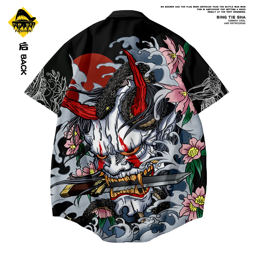 Men Hawaiian Shirt men hawaiian shirt Japanese Style Demon Print Shirt Fashion Summer Short Sleeve Harajuku Anime Men Oversized Clothing