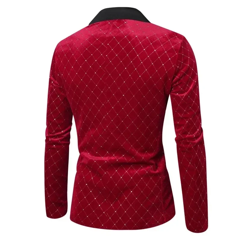 Men Luxury Gold Velvet Suit Single-button Loose Jacket Wedding Party Dress Plaid Blazers