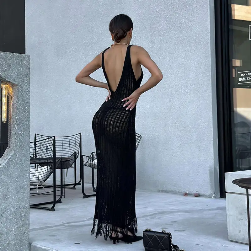 Vestido largo blanco de punto con borlas para mujer, sexy, con escote en V, sin mangas y espalda descubierta, para playa, verano 2025