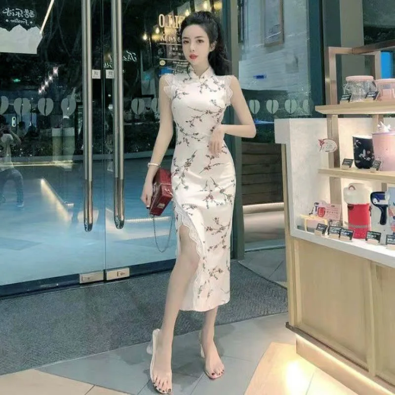Mandarin Collar Women Chinese White Elegant Dress Women for Wedding Party Long Qipao Vintage Sexy Cheongsam Stage Show Clothes