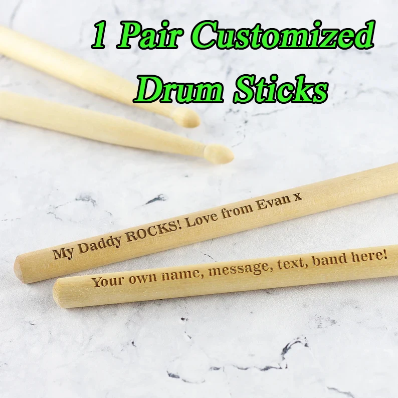 Drumsticks PAIR Personalized Laser Engraved Hickory Wooden Gift for Drummer Boyfriend Husband Father