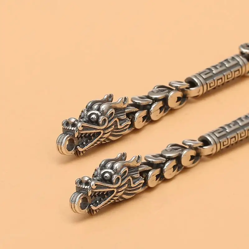 Thai Silver Handmade Bracelet Male Domineering Double Dragon Head Bracele Fashion Retro Chinese Style Hip-Hop Punk Jewelry