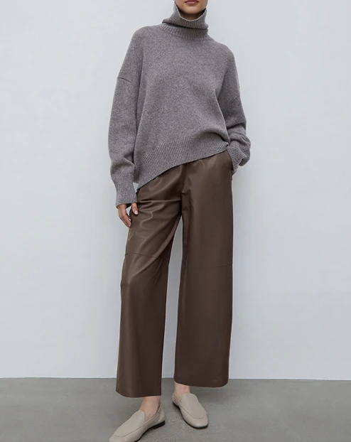 2023 Women Elegant Pu Wide Leg Trousers Pu Leather Pants for Women Sexy Mid Waist Pocket Bottom Zipper Flared Long Pant