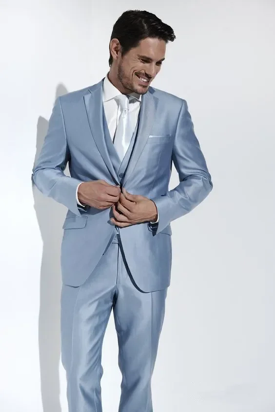 

High Quality Blue Satin Italian Men Suit Formal Wedding Suits for Men Groom Blazer Custom Slim Fit 3 Piece Tuxedo Costume Homme