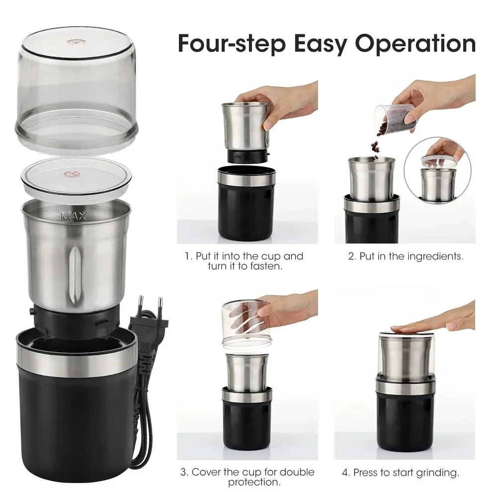 Electric Coffee Grinder Spice Herb Grinder with 1 stainless steel blade removable, 200W motor efficient grinding, for vanil