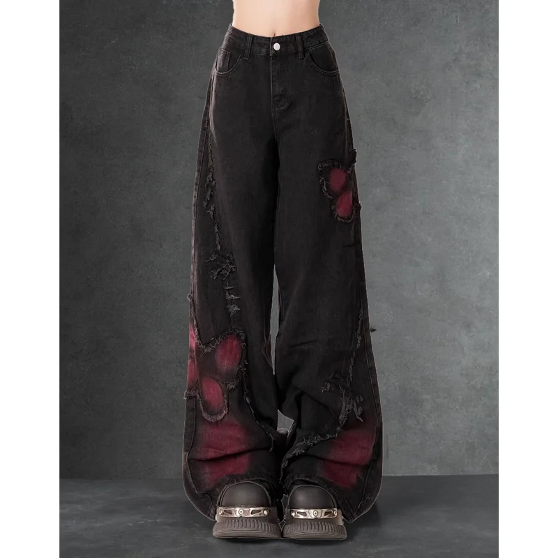 여성용 블랙 고딕 배기 청바지, 하라주쿠 Y2k 미적 나비 데님 바지, 한국 진 바지, 빈티지 2000 년대 쓰레기 옷